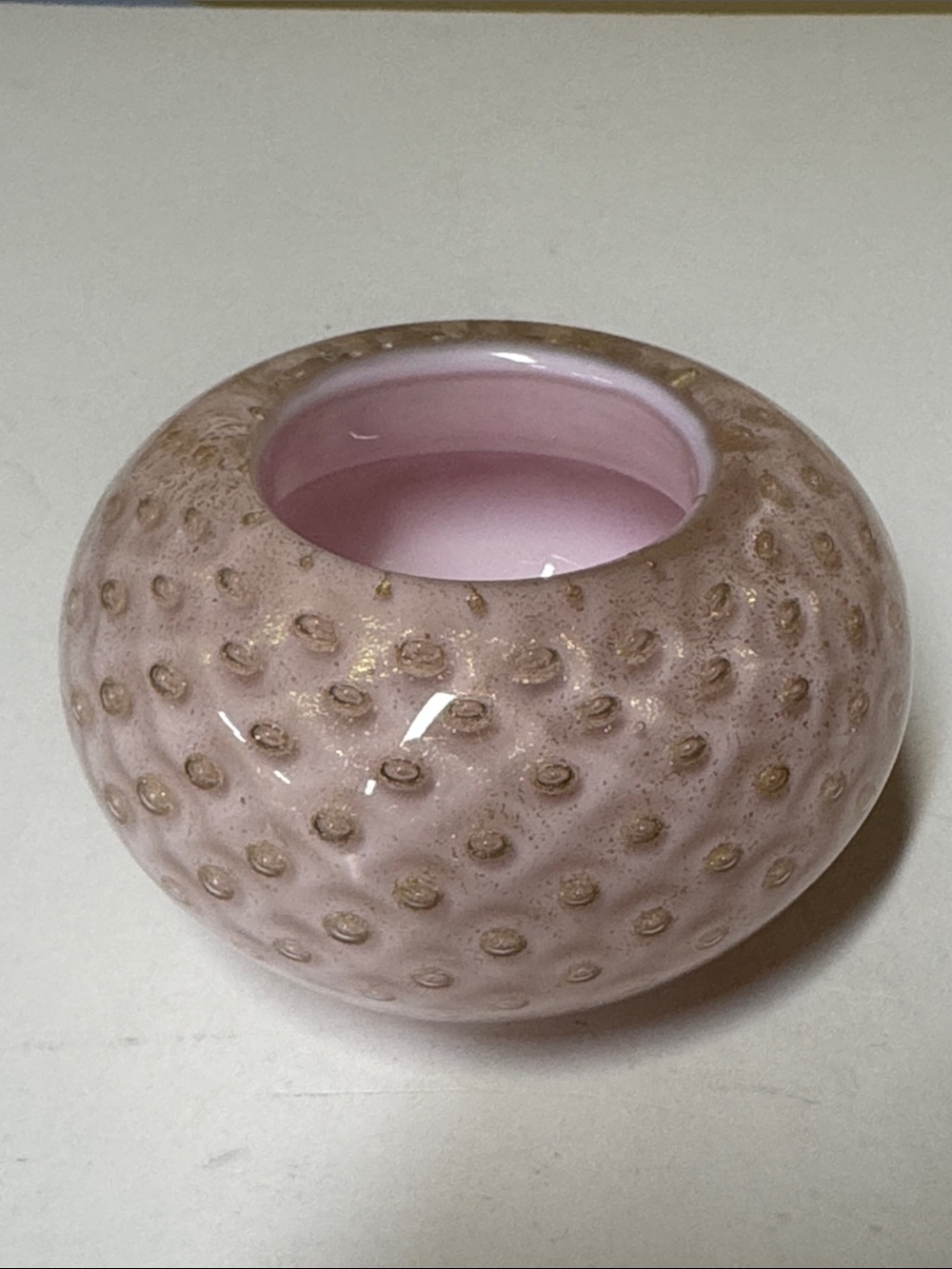Murano Glass Alfredo Barbini pink with Gold Aventurine Bullicante votive 3.5”